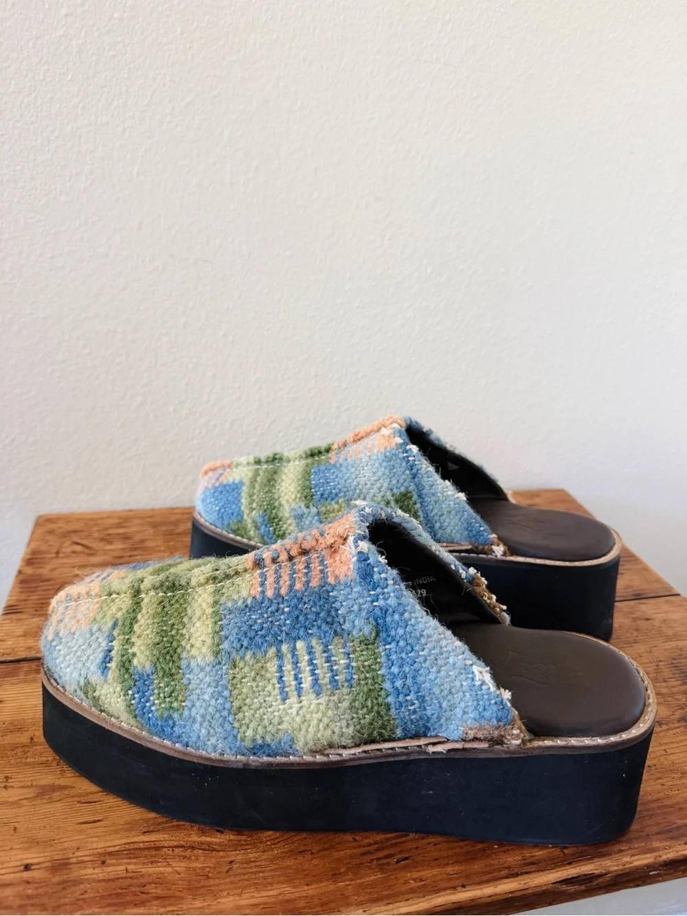 Free People Astrid Platform Mule in Blue Tweed Motif - Slides